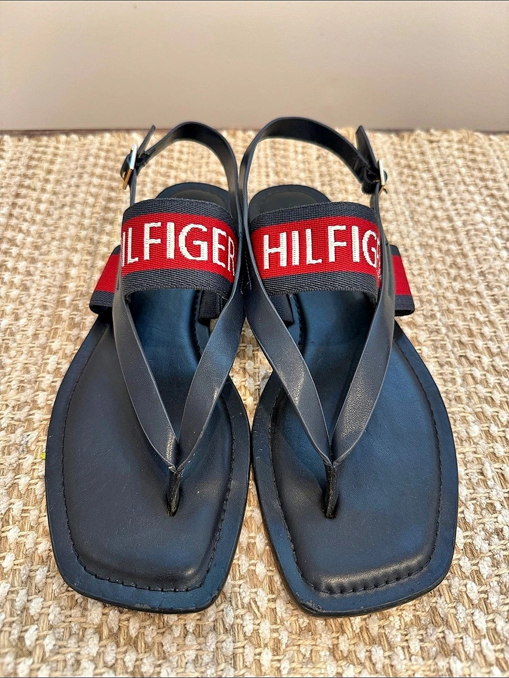 Tommy Hilfiger Logo Strap Flat Sandals in Black & Red